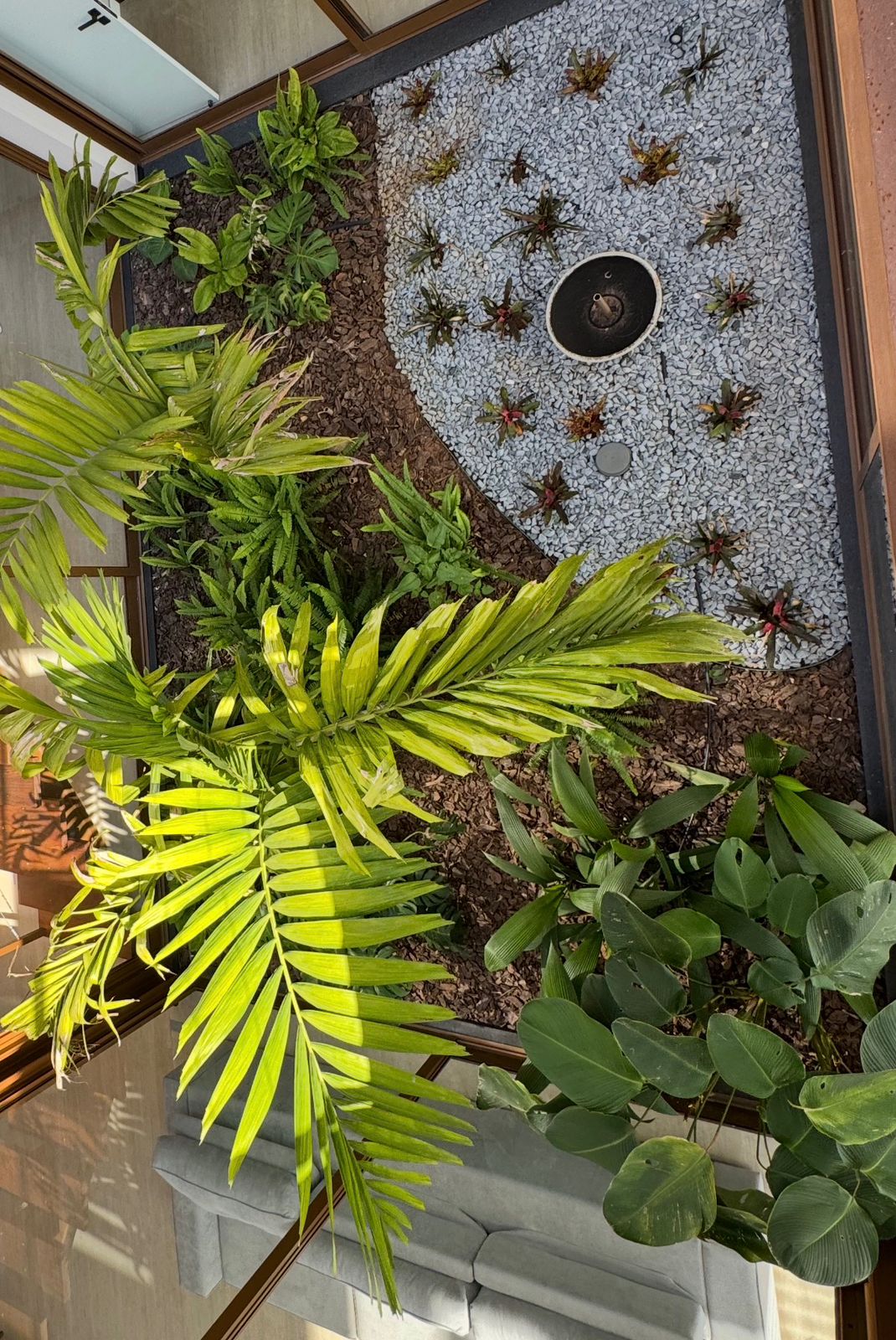 Composição tropical em jardim interno com pedriscos e fonte